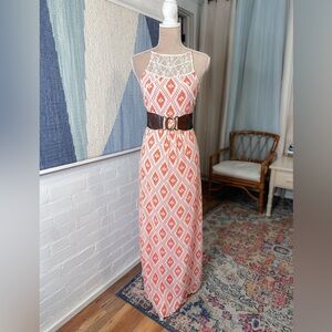 Dance & Marvel Orange and White Boho Backless Maxi Dress